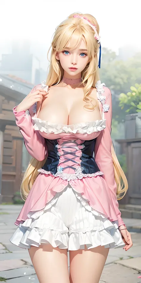 1girl,huge breast, blonde hair, blue eyes,pink clothes, ultra detailed, masterpiece, realistic