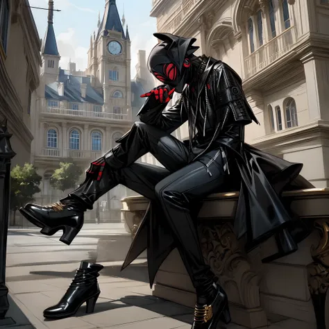 photo of miles morales styled in modern street fashion. The miles morales is adorned with luxury brand outfits and designer shoes, sitting outside of a mansion