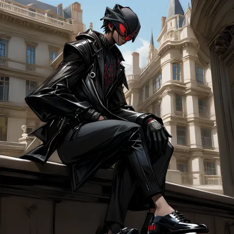 photo of miles morales styled in modern street fashion. The miles morales is adorned with luxury brand outfits and designer shoes, sitting outside of a mansion