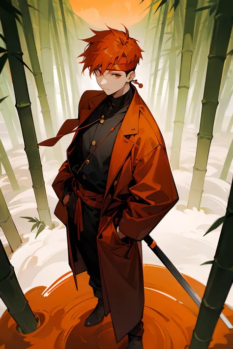 1male, orange hair, short hair, modern undercut hair, red headband, prayer beads, black overcoat, red sun shirt, black sweatpants, sword on back, standing on path, bamboo forest, confident expression