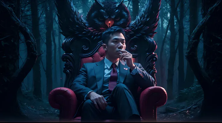 a malay man in dark blue office outfit seat in a throne while smoking cigarettes , dark mood, dark forest, red owl behind him, Prores lense, Low angle shot, Desaturated color grading, rear projection, Tungsten light, Dynamic shadows, indie film, high quali...