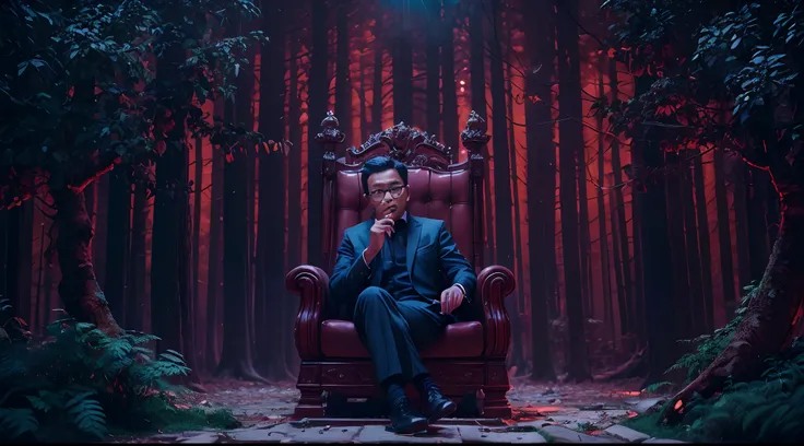 a malay man in dark blue office outfit seat in a throne while smoking cigarettes , dark mood, dark forest, red owl behind him, Prores lense, Low angle shot, Desaturated color grading, rear projection, Tungsten light, Dynamic shadows, indie film, high quali...