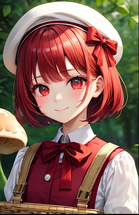 girl with、No background、without background、Background through、Red-haired、Red hair、short-cut、bob cuts、Subject bangs、Aligned bangs、Sareme、drooping eyebrows、Red Eyes、Red Eyes、Eyes sparkle、Sparkling eyes、red and white uniform、red lolita fashion、beret、White ber...