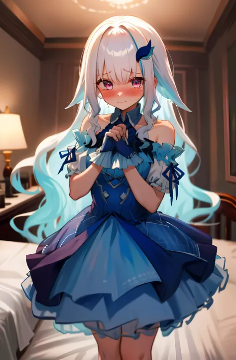 One girl with long wavy hair, white hair, looking at viewer, embarrassed, blushing, tears, indoor , bare shoulders, blue dress, perfect waist, bed, night atmosphere, hair ornament, standing, skirt lift, lace gloves