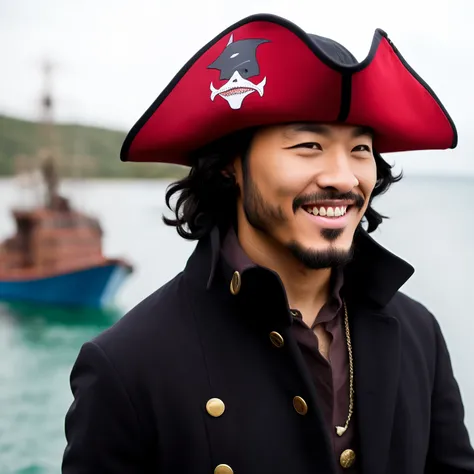 Dark skinned, pirate coat, shark teeth, black hair, no hat, man