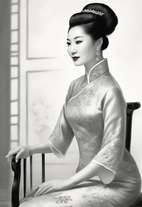 Coarse charcoal sketch on old paper, A Republican woman from the Chinese Republican era, exuding a dignified and elegant temperament, is wearing a traditional cheongsam dress. She is depicted sitting gracefully on a antique chair placed in a well-lit room....