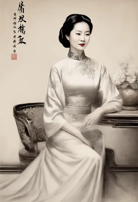 Coarse charcoal sketch on old paper, A Republican woman from the Chinese Republican era, exuding a dignified and elegant temperament, is wearing a traditional cheongsam dress. She is depicted sitting gracefully on a antique chair placed in a well-lit room....