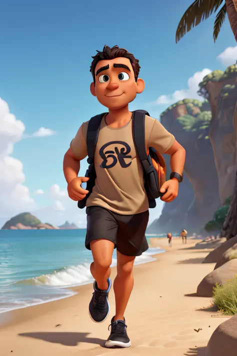 A Disney-pixar style 3D movie poster of a runner, 40 years old, man weighing about 100kg, balding black hair, with light brown skin, brown eyes, wearing a black t-shirt, with running shoes, with a hydration pack , running along the beach.