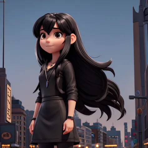 trapper Girl with black long hair with bangs using black necklace in New York at night wearing black cropped ::Style Pixar Cartoon, Disney Pixarl Movie Poster