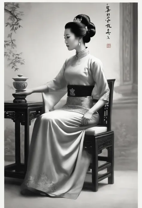 Coarse charcoal sketch on old paper, A Republican woman from the Chinese Republican era, exuding a dignified and elegant temperament, is wearing a traditional cheongsam dress. She is depicted sitting gracefully on a antique chair placed in a well-lit room....