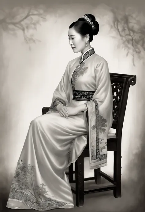 Coarse charcoal sketch on old paper, A Republican woman from the Chinese Republican era, exuding a dignified and elegant temperament, is wearing a traditional cheongsam dress. She is depicted sitting gracefully on a antique chair placed in a well-lit room....