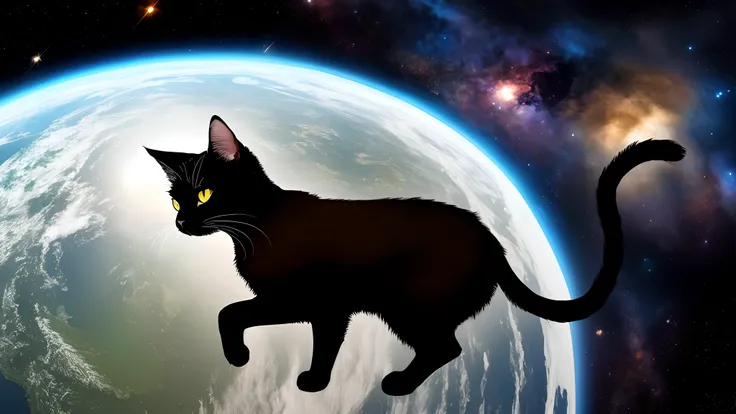 Black cat with yellow eyes. The cat is floating in space.