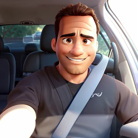 a Disney Pixar style man, dark-skinned man, brown eyes, inside a car, shallow beard, wearing a seat belt, high quality, best quality