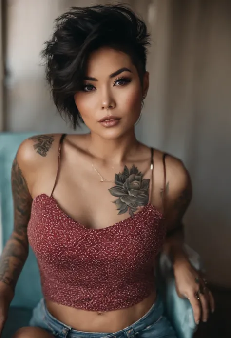 asian woman, short blue hair, wearing a tanktop, jeans and leather jacket, covered in tattoos, fille sexy aux yeux bruns, Portrait, cheveux bruns et grands yeux, selfie of a young woman, Yeux de chambre, Violet Myers, sem maquiagem, looking straight at cam...