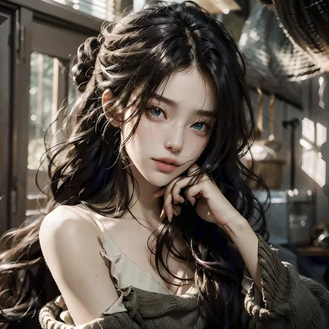 Best Quality, masutepiece, 超A high resolution, (Photorealistic:1.4), Raw photo, 1girl in, off shoulders, Long Pony Hair, Indoor, Summer noon,Detailed eyes,(Lifelike eyes),delicated face,realskin,Detailed hair,Detailed skin,Beautiful face,