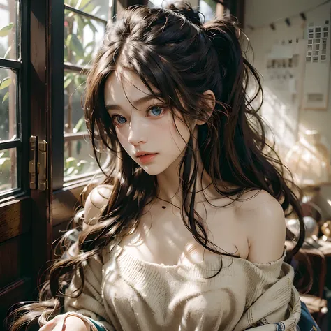 Best Quality, masutepiece, 超A high resolution, (Photorealistic:1.4), Raw photo, 1girl in, off shoulders, Long Pony Hair, Indoor, Summer noon,Detailed eyes,(Lifelike eyes),delicated face,realskin,Detailed hair,Detailed skin,Beautiful face,