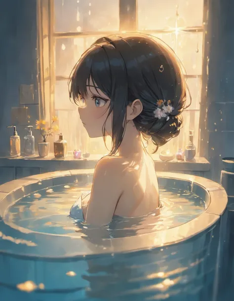 best quality,ultra-detailed,photorealistic,black-haired naked girl taking a bath in a bathtub,warm water,steam rising,relaxing atmosphere,soft candlelight,gentle water ripples,sparkling droplets of water on the skin,wet hair clinging to the girls shoulders...