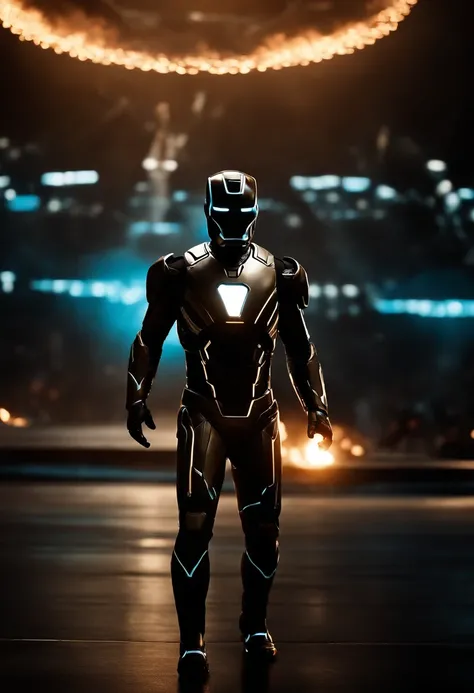 Tron Combined with Ironman, walking in tron legacy, battle scene, fire, explosions