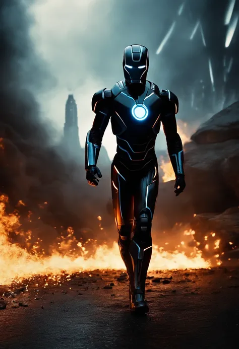 Tron Combined with Ironman, walking in tron legacy, battle scene, fire, explosions