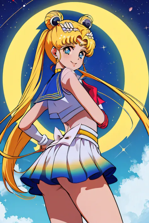 obra maestra, La mejor calidad, absurdos, antomy perfecto, 1girl, solamente, SMMoon, 1990s (estilo), Rubia Sailor Luna, En pie, They are smiling, Disparo de vaquero, Uniforme Sailor Senshi, Collar de marinero, falda azul, guantes de codo, en postura de esp...