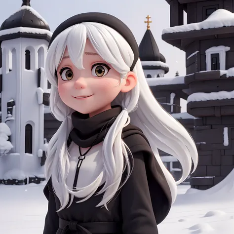 Girl with white long hair with bangs using black necklace in Russia in snow wearing black snow mask, black scarf, Black cap, black mask