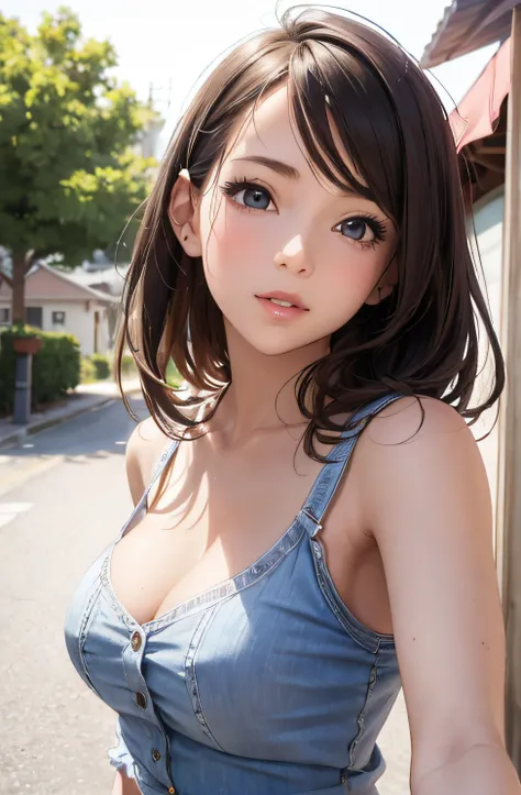 girl in summer clothes, side shot,((selfie)), random background, kiss, beautiful, medium breasts, flirtatious look, ((very detailed)), (perfectly detailed face), (well detailed hand), photorealistic image.