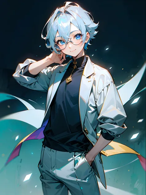 (Male child, eye glasses,blue eyess，A smile, silber hair)，独奏、Iridescent background、Leader Model Pose