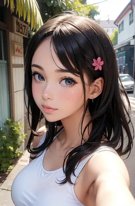 girl in summer clothes, side shot,((selfie)), random background, kiss, beautiful, medium breasts, flirtatious look, ((very detailed)), (perfectly detailed face), (well detailed hand), photorealistic image.