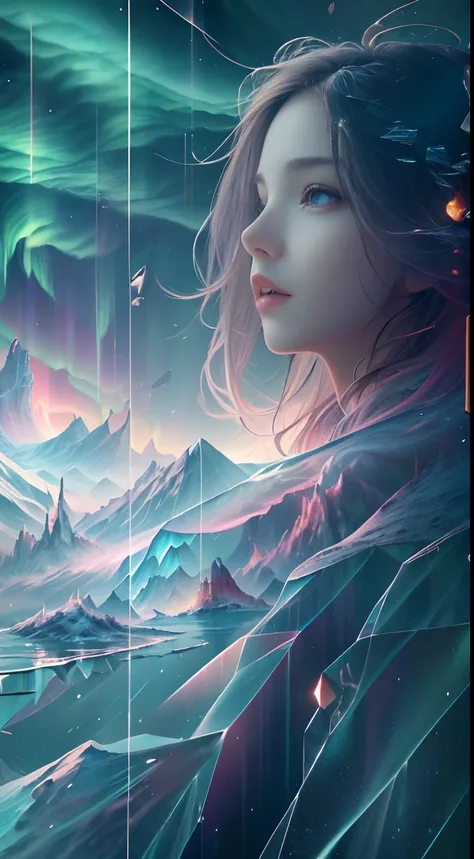 (((Masterpiece))),(((Best quality))),((Ultra-detailed)),((illustration)),extreme light，1girll，Stand under the iceberg，Admire the beautiful Northern Lights，[Hazy snow-capped mountain landscape in the distance：Translucent ethereal mechanical girl，snow mounta...