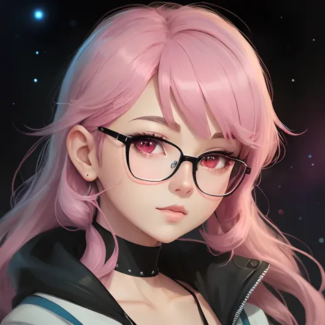 Anime girl with glasses and a pink hair and a black background, anime vibes, 8 0 s anime vibe, Anime Girl with Cosmic Hair, estilo anime 4k, Digital anime illustration, belo estilo de arte de anime, retrato de menina glowwave, retrato estilo anime, estilo ...