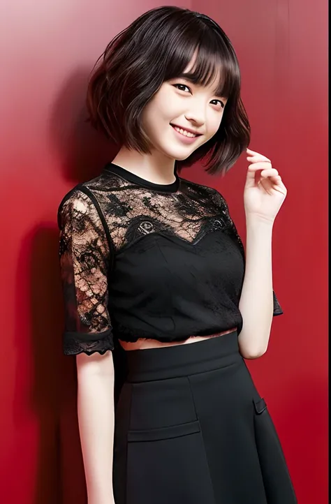 raw photo, a standing teenage Japanese actress (hairstyle: wavy bob, seductive smile) in a beautiful coquettish black lace villain skirt (with some red accents) and boots.