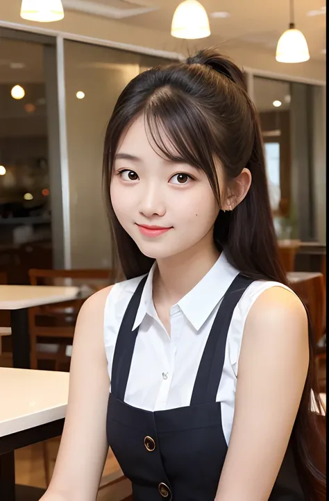 A girl,16 year old,pretty face,sleeveless waitress,(very slim)