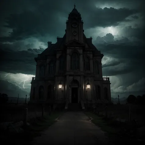 (best quality,8k,ultra-detailed,realistic:1.2),Palácio do Alvorada in Brasilia, Brasil, illuminated by lightning, dark and heavy clouds, intricate details, 3D rendering, horror style, HDR, haunting atmosphere,dramatic shadows,ominous tone,intense colors,th...