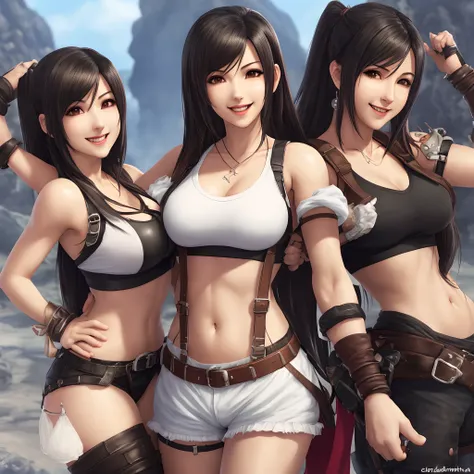 Tifa (Final Fantasy) fantasiada de puta com camisinha na boca, sorrindo, deitada, perna aberta, com suor em todo corpo