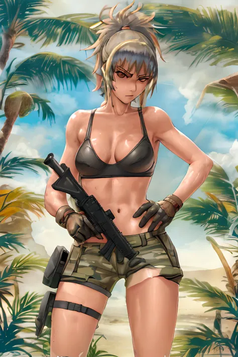 bra and panty, serious, sexy pose, military, desert. Cammo, Tactical Armor, Sun, hot, guerrilla, tropical, wetting.