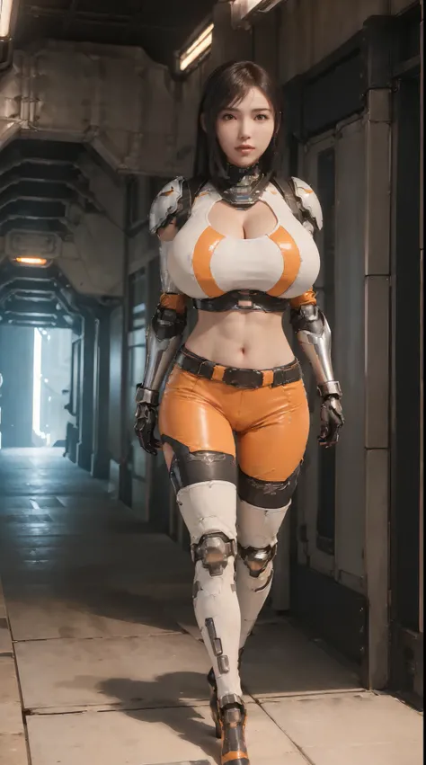 (1GIRL,SOLO:2), (Tifa Lockhart face:1.1), ((GIGANTIC BREASTS, HUGE FAKE BREASTS:1.5)), (CLEAVAGE TOP:1.5), (MUSCLE ABS FEMALE:1.4), (MECHA GUARD ARMS,BLACK GLOVE:1.4), ((ORANGE WHITE MECHAGIRL CROP TOP, BLACK MECHA SKINTIGHT HOTPANTS, MECHA GUARD ARMOR LEG...