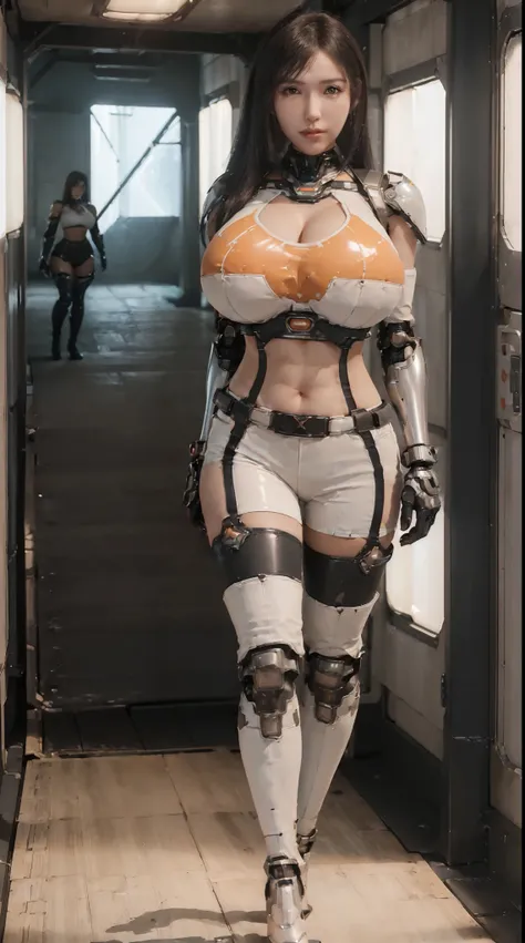 (1GIRL,SOLO:2), (Tifa Lockhart face:1.1), ((GIGANTIC BREASTS, HUGE FAKE BREASTS:1.5)), (CLEAVAGE TOP:1.5), (MUSCLE ABS FEMALE:1.4), (MECHA GUARD ARMS,BLACK GLOVE:1.4), ((ORANGE WHITE MECHAGIRL CROP TOP, BLACK MECHA SKINTIGHT HOTPANTS, MECHA GUARD ARMOR LEG...