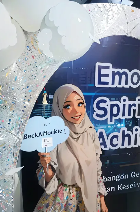 ((Best Quality, 8K, Masterpiece: 1.3)), best quality, ultra high res, girl in hijab holding up a sign with a cloud on it, backdrop, cute face, beauty girl, big eyes, inspired by Ismail Acar, inspired by Sarper Baran, happy and spirited expression, with a h...