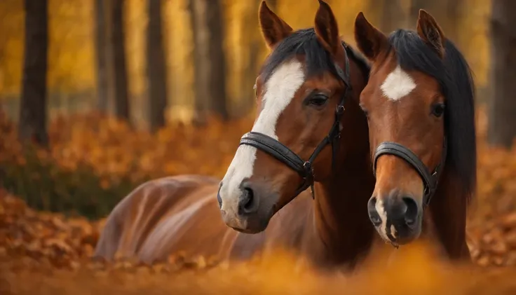 there are two baby horse playing in the leaves together, horse, autumn season, two pony , cute boys, adorably cute, fall season, november, both laughing, happy faces, pony, cute animals, shutterstock, cutest, cute and funny, happy brave magical cuteness, h...