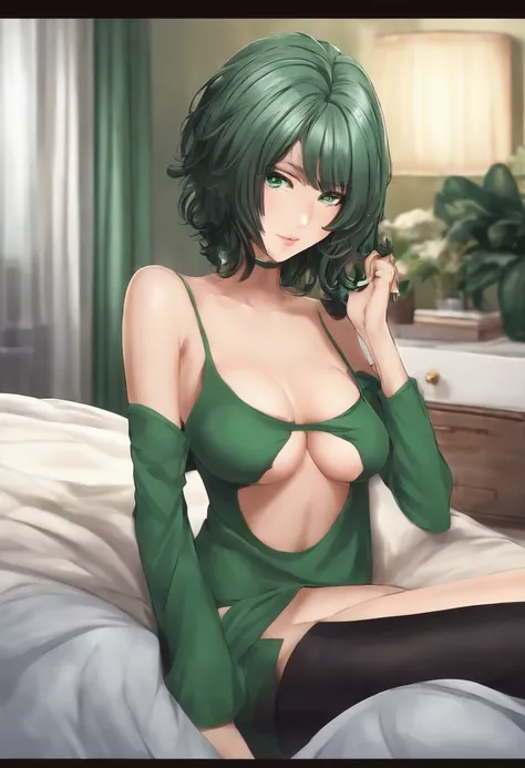 Fubuki de One Punch Man, cabelo verde curto, olhos verdes, vestido verde perto do corpo, corpo sexy, coxas grossas, cintura larga, medium breasts, Shes sitting on a bed, de frente para o espectador.