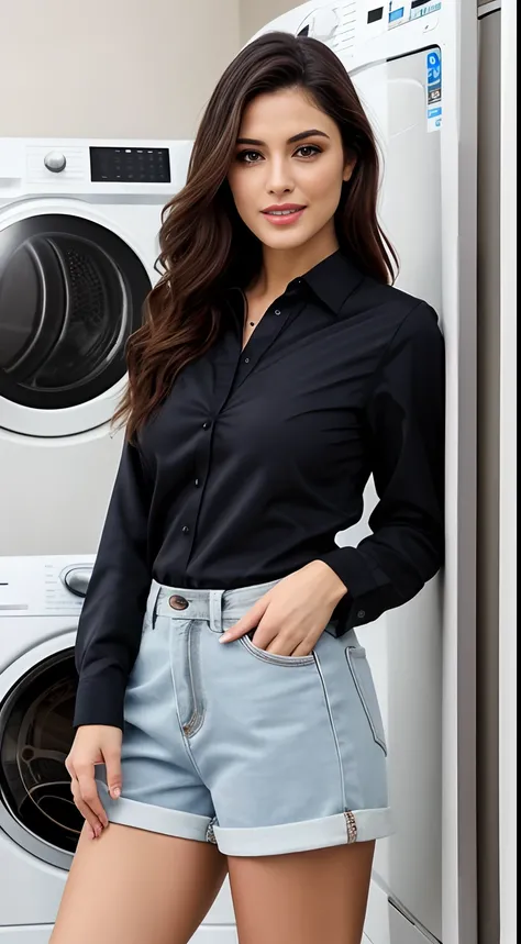 Drum washing machine。mulher linda。Camisa preta longa。, ao lado de uma Maquina de lavar roupa ,sandal。sentado na cadeira,busto rechonchudo。perfil, Maquina de lavar roupa,Ultra realistic, ultra detailed Brazilian woman