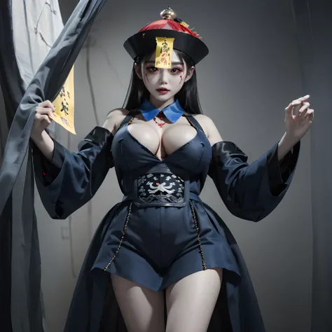 ((masterpiece)),((Best Quality)), 32k HDR, Ultra-detailed, intricate detail, Cyberpunk, ((1girl in:1.2)), Jiangshi girl Costume, Dressed as Jiang Shi in a futuristic office corridor, (Huangfu paper on the head:1.5), Solo, (abandoned hut:1.2, in China), (om...