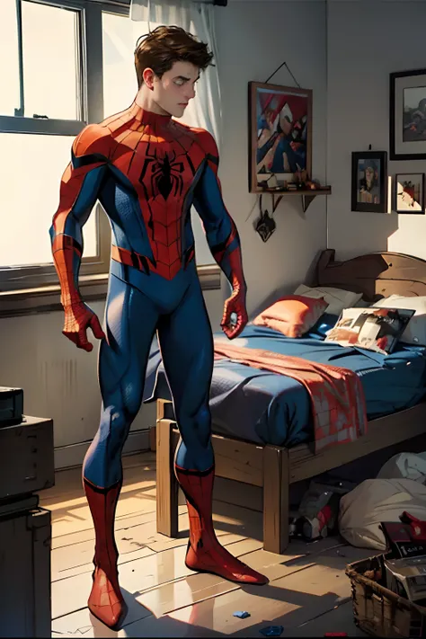 peter parker (spider-man) naked, spider-man costume thrown to the ground. he's lying in a messy room