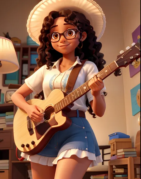 a girl , morena, pele marrom escura, Very curly, dark, medium length hair, wearing prescription glasses , Playing guitar next to a lampshade