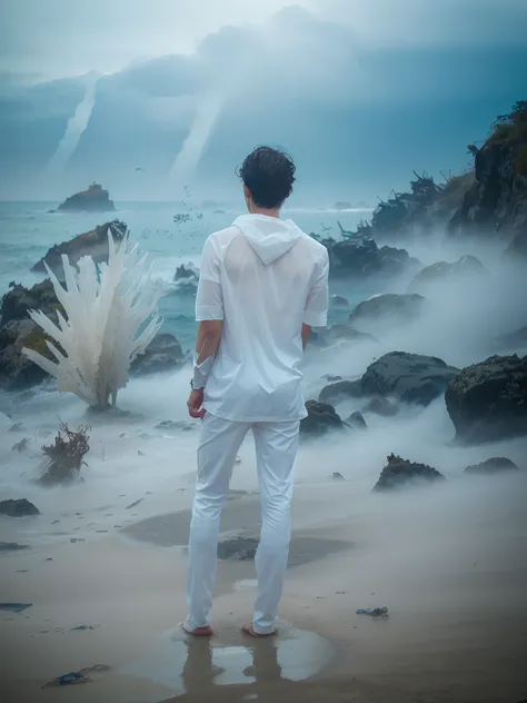 man translucent like a ghost with his hair up, in the middle of a terrifying fog with the ocean in the background