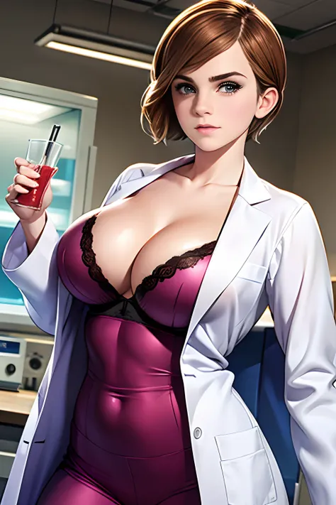 Emma Watson, seductive pose, wearing lab coat, wearing laboratory clothing, in a laboratory, chemistry equipment in background, tight clothing, lots of cleavage, big breasts, (big breasts:1.5),