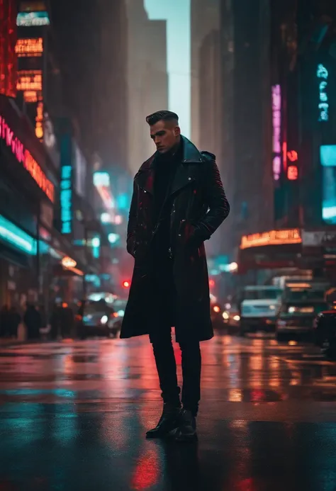 1 personagem masculino de cabelos ruivos e olhos vermelhos, Wearing a black jacket in a cyber city