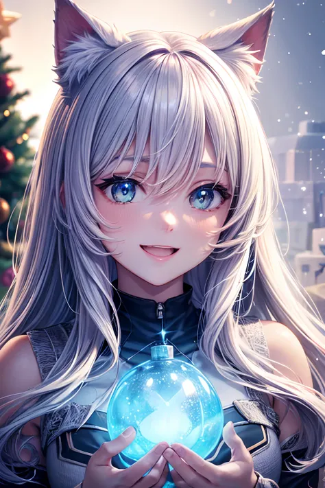 Top quality, high resolution, perfect human structure, figure focus, front view, glowing hair, glowing eyes, cat ears, winter, Christmas tree, overall angle, medium chest, happy laugh, gradient eyes, swept bangs,