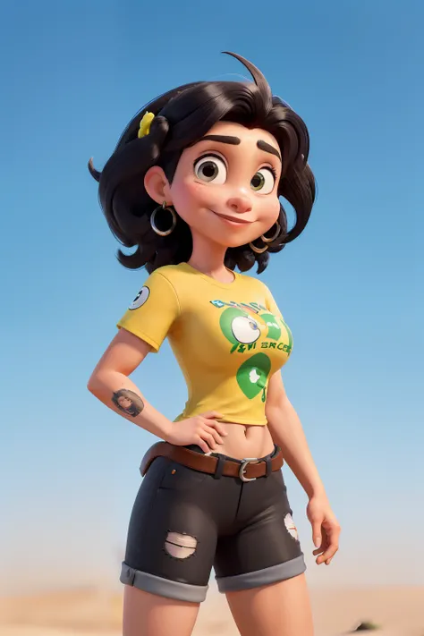 uma mulher  33 anos , cor branca , olhos castanhos claros  , brasileira, cabelo amarado como rabo de cavalo, da cor  castanho claro , pince no nariz, black t-shirt tattoo on both arms holding an iphone 13 pro max create a Disney avatar create an AI with vi...