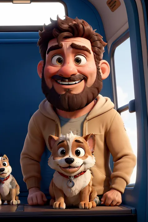 Obra-prima, de melhor qualidade, um homem loiro de barba com uma caminhonete c10 cinza e um cachorro golden. Background a trailer truck